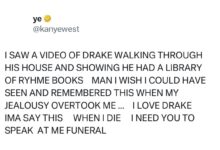 Kanye says he loves Drake, wants rapper to speak at his funeral