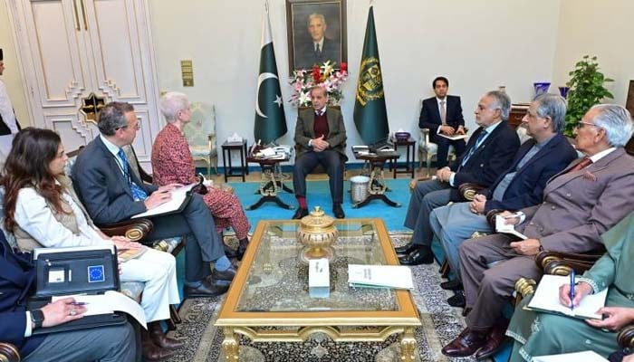 An EU delegations led by Ambassador Dr Riina Kionka calls on Prime Minister Shehbaz Sharif at Prime Minister House. —PID
