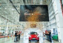 Tesla employees at the Shanghai Gigafactory 3 witness the 2 millionth vehicle roll off the production line on September 6, 2023. Photo: Handout