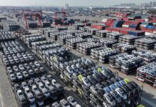 BYD electric cars, bound for South America, are stacked at the Taicang Port in Suzhou in eastern Jiangsu province on April 8, 2025. Photo: AFP