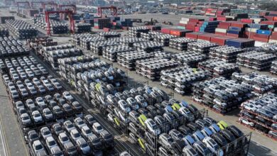 BYD electric cars, bound for South America, are stacked at the Taicang Port in Suzhou in eastern Jiangsu province on April 8, 2025. Photo: AFP