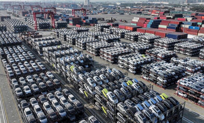 BYD electric cars, bound for South America, are stacked at the Taicang Port in Suzhou in eastern Jiangsu province on April 8, 2025. Photo: AFP