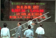 People watch the Hang Seng Index outside Po Sang Bank in Central on October 28, 1997, during the Asian financial crisis. Photo: SCMP
