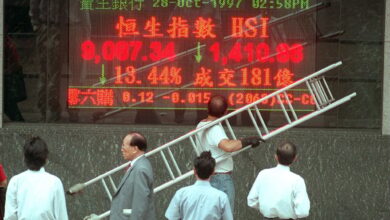 People watch the Hang Seng Index outside Po Sang Bank in Central on October 28, 1997, during the Asian financial crisis. Photo: SCMP