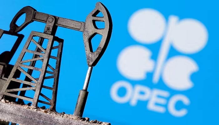 A 3D printed oil pump jack is seen in front of displayed OPEC logo in this illustration picture, April 14, 2020.— Reuters