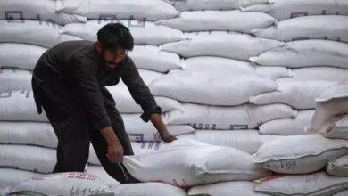 A labourer unloads sacks of sugar from a supply truck at the main wholesale market in Karachi. — Reuters/ File