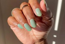 Pistachio green syrup nails with silver glitter