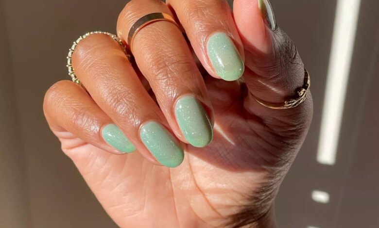 Pistachio green syrup nails with silver glitter