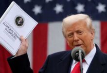 US President Donald Trump holds a Foreign Trade Barriers document as he delivers remarks on tariffs in the Rose Garden at the White House in Washington, DC, US, April 2, 2025. — Reuters