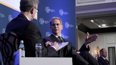US  Treasury Secretary Scott Bessent speaks with Tim Adams, president and CEO of the Institute of International Finance (IIF) Global Outlook Forum on sidelines of the IMF and World Bank’s 2025 annual Spring Meetings in Washington, DC, US, April 23, 2025. — Reuters