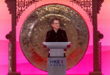 Hong Kong’s Financial Secretary Paul Chan speaks during a ceremony to mark the first trading day of the Year of Snake at the HKEX on February 3, 2025. Photo: AP