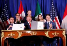 From the left, then-Mexican president Enrique Pena Nieto, US President Donald Trump and then-Canadian prime minister Justin Trudeau attend the USMCA signing ceremony in Buenos Aires, Argentina, on November 30, 2018. Photo: Reuters