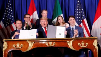 From the left, then-Mexican president Enrique Pena Nieto, US President Donald Trump and then-Canadian prime minister Justin Trudeau attend the USMCA signing ceremony in Buenos Aires, Argentina, on November 30, 2018. Photo: Reuters