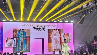 A fashion model in Middle Eastern garb is seen during a Temu merchant briefing in Guangzhou on Friday. Photo: Coco Feng