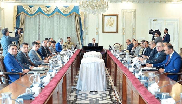 Prime Minister Shehbaz Sharif chairs a meeting in Islamabad on Tuesday to review the Reko Diq project. — PID