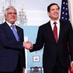 US Secretary of State Marco Rubio and Deputy Prime Minister and Foreign Minister Ishaq Dar shake hands for photographers assembled at the State Department in Washington, DC, US, July 25, 2025. — Reuters