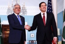 US Secretary of State Marco Rubio and Deputy Prime Minister and Foreign Minister Ishaq Dar shake hands for photographers assembled at the State Department in Washington, DC, US, July 25, 2025. — Reuters