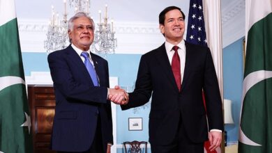 US Secretary of State Marco Rubio and Deputy Prime Minister and Foreign Minister Ishaq Dar shake hands for photographers assembled at the State Department in Washington, DC, US, July 25, 2025. — Reuters