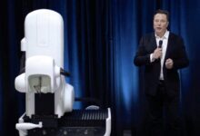 Elon Musk stands next to the surgical robot during a Neuralink presentation in 2020. Photo: AFP